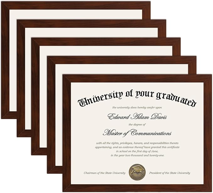 upsimples Certificate Frame with High Definition Glass, 8.5 by 11 Picture Diploma Document Frames for Wall and Tabletop, Mahogany 5 Pack
