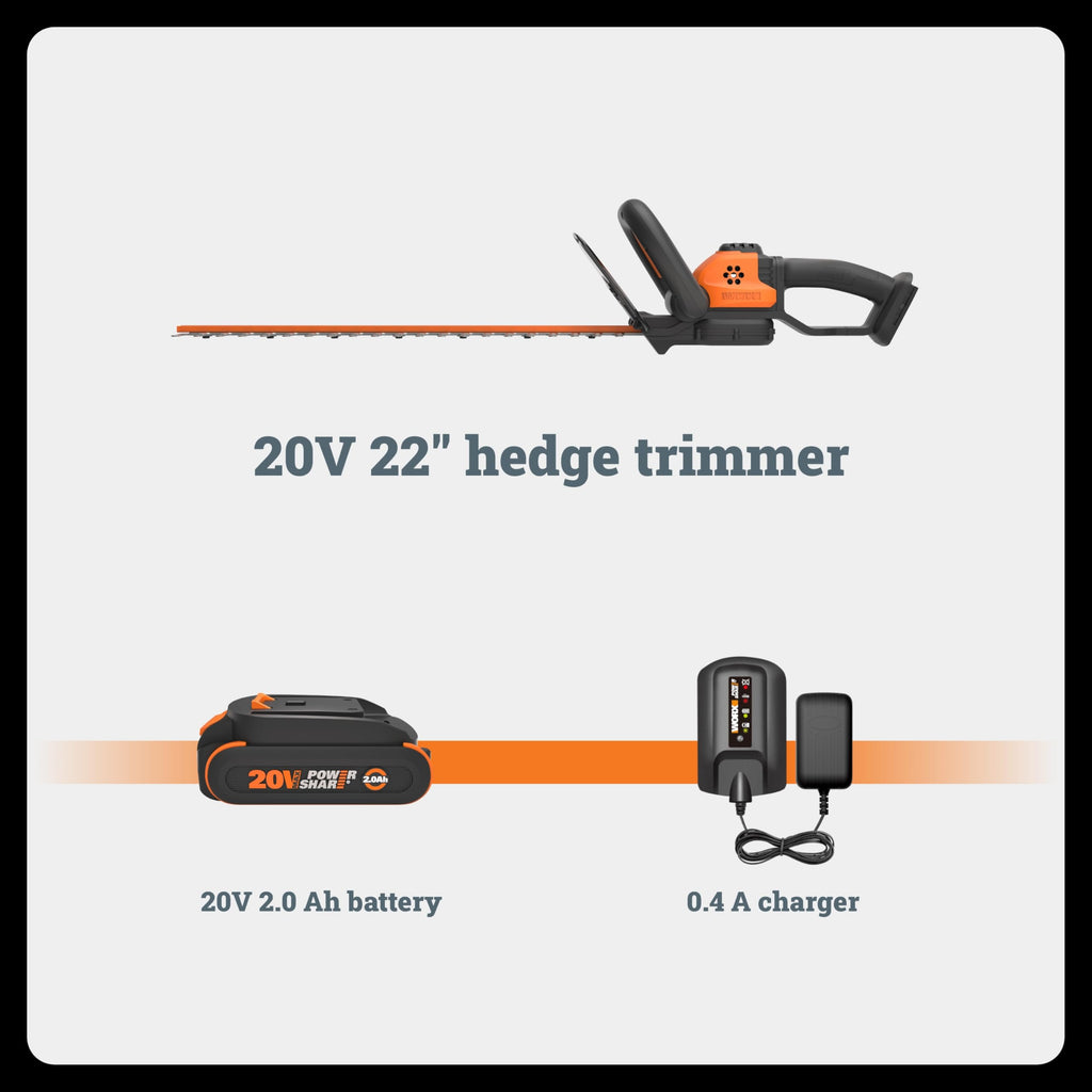 WORX 22" Cordless Hedge Trimmer, Electric Hedge Trimmer with Dual-Action Blades, Lightweight Bush Trimmer with 5.5 LBS, Battery & Charger Included, WG261