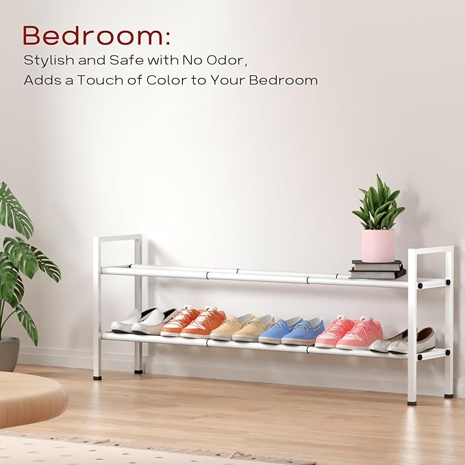Bumusty 2-Tier Long Expandable Shoe Rack for Closet, 18"-44" Adjustable Shoe Rack for Entryway, 10-12 Pairs Large Shoe Organizer Shelf Storage, Sturdy Metal, White