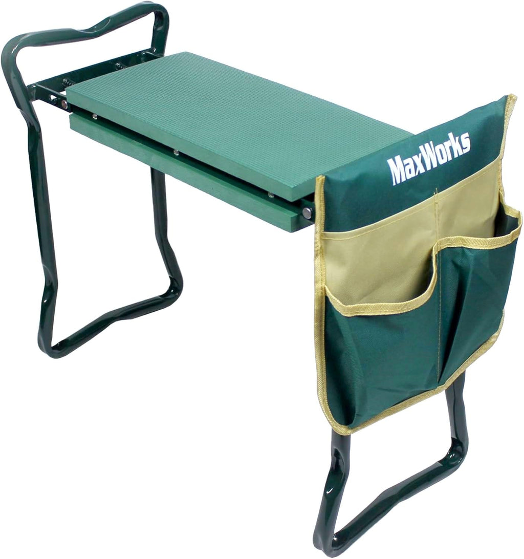 MaxWorks 50921 Folding Garden Kneeler Stool with 8 inch Wide Kneeling Pad, with 1 Tools Pouch for Planting and Gardening