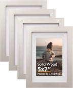 KINLINK 5x7 Picture Frame Light Grey, Solid Wood Frames with Acrylic Plexiglass for Pictures 4x6 with Mat or 5x7 without Mat,Tabletop and Wall Display Photo Frame Set of 4