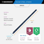 Sandbaggy Round Steel Concrete Form Stakes with Nail Holes - Rust Resistant Coating - Removable, Reusable (50, 3/4 in X 18 in)