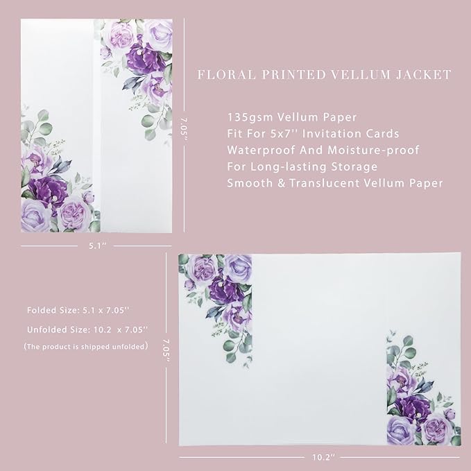 PONATIA 50 PCS Purple Vellum Jackets for 5x7 Invitation Cards- 135GSM Lilac Floral Printed Vellum Sleeves, Quinceanera Wedding Invitation Cards Wraps, Transparent Christmas Gift Cards Jackets