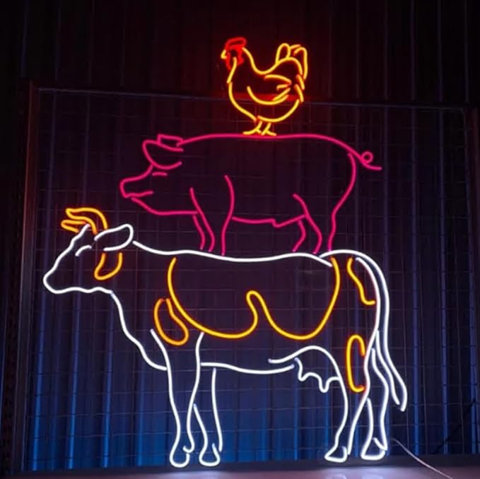 Cow Pig Chicken Farm & BBQ Restaurant Led Sign, Custom Neon Sign, Barbecue Restaurant Decor, Beef Pork Chicken Shop Wall Art Led Lights Size:28inch