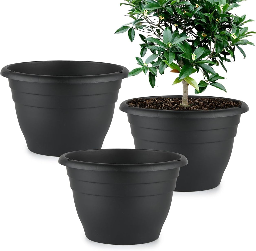 Plant Pots Indoor with Drainage, 3 Pack 11 Inch Plastic Pots for Plants（10 inch Inner Diameter）, Durable Plastic Flower Pots, Planters for Indoor Ourdoor Plants, Black