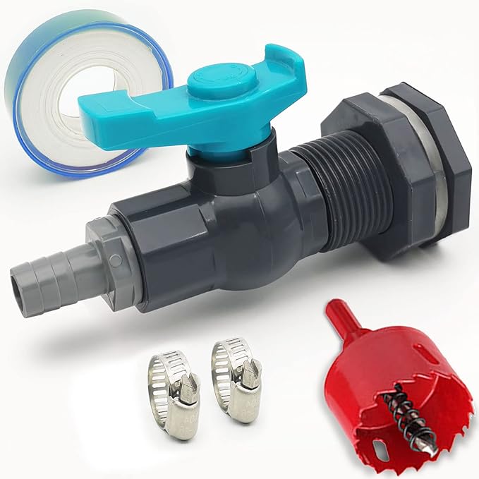 Rain Barrel Spigot PVC Faucet Kit Water Diverter Kit with Bulkhead Fitting, Ball Valve, Garden Hose Barb(12.5mm) Adapter, Pipe Clamps, Thread Tape, Hole Saw(for 12.5mm ID Hose)