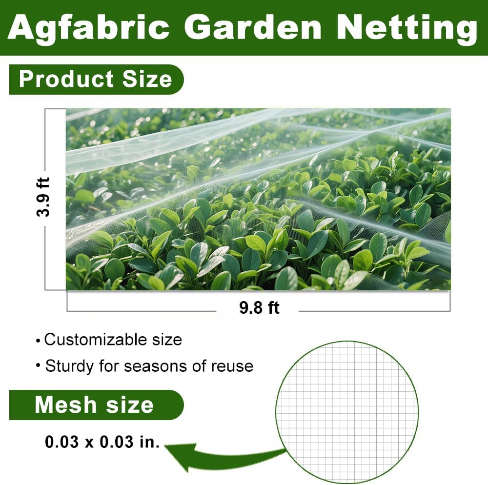 Agfabric Garden Netting 3.9'x9.8' Insect Pest Barrier Netting for Garden Protection,Plant Cover Row Cover Mesh Netting for Vegetables Fruit Trees and Plants,White