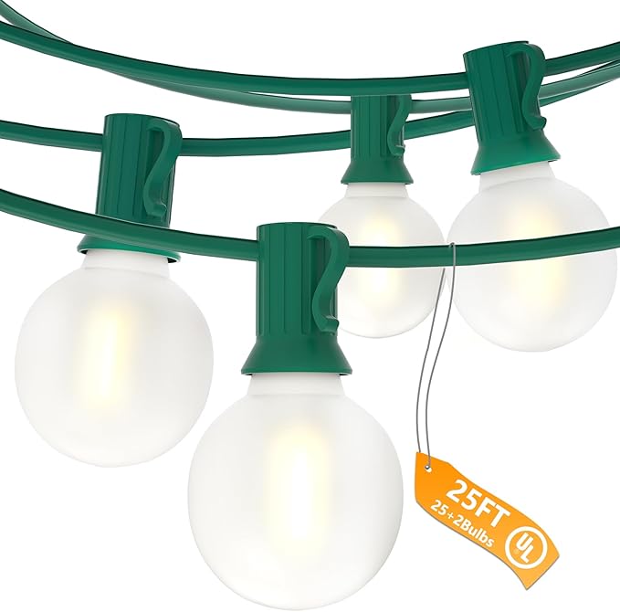 SUNSGNE 25Ft Globe Christmas Lights Outdoor, G40 LED Round Christmas Lights with 27 LED Frosted White Bulbs(2 Spare) for Yard Patio Garden Balcony Bistro Decor, Green Wire