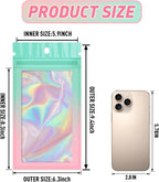 Funfery 100 Pack Gradient Holographic Bags,Mylar Resealable Bag with Zipper,Clear Window Packaging Pouch,Smell Proof Bags for Food Storage,Sample Jewelry Baggies(6.3x9.4In,Green Pink)