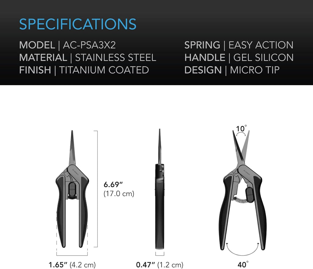 AC Infinity 6.6” Stainless Steel Pruning Shear 2-Pack, Lightweight Ergonomic Design, Straight Precision Blades with Nonstick Titanium Coating for Gardening, Hydroponics, Grow Tents