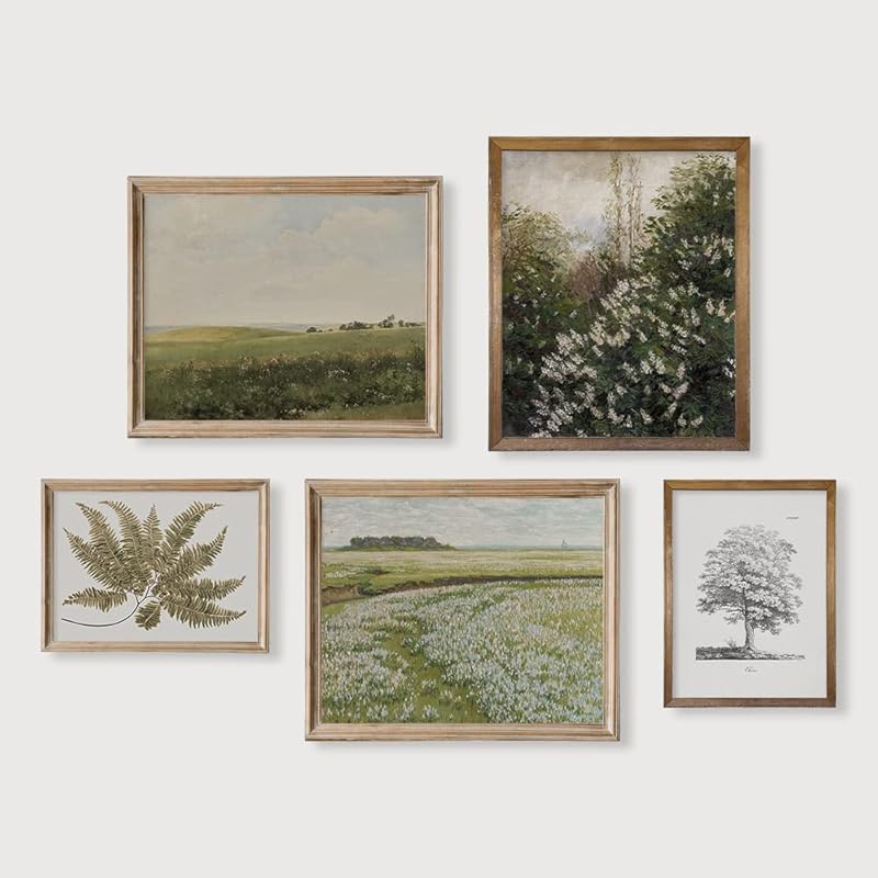 Vintage Farmhouse Wall Decor - Nature Plant Neutral Wall Art for Boho French Country Kitchen Bathroom Bedroom Picture Poster Print, Sage Green Room Decor Aesthetic Botanical Cottagecore 5 Set Unframed