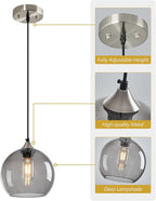 Light Grey Glass Pendant Lights Kitchen Island Lighting Globe Pendant Light Fixtures Modern Pendant Lighting for Bedroom Living Dining Room Light Fixture (7.87 in, 3 Pack)