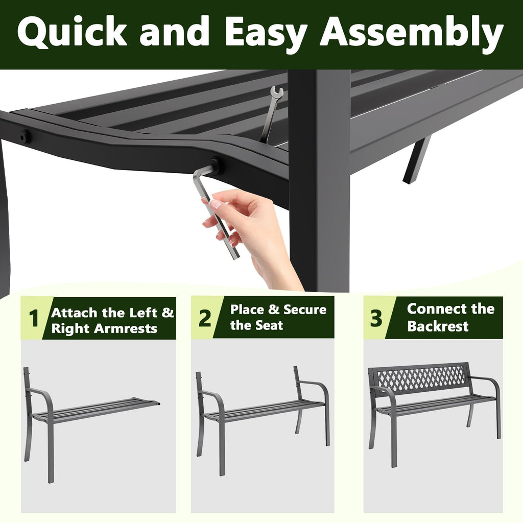 MAKE CHANGES Outdoor Bench, Garden Patio Park Entryway Metal Bench with Comfortable Backrest, Sturdy Heavy Duty Loveseat Front Porch Backyard Lawn Furniture for Outside