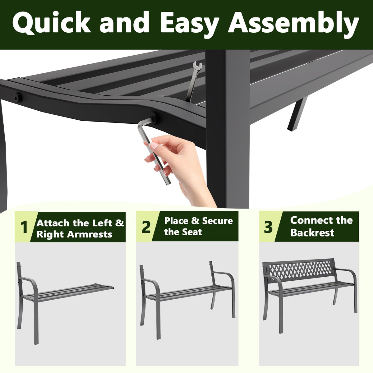 MAKE CHANGES Outdoor Bench, Garden Patio Park Entryway Metal Bench with Comfortable Backrest, Sturdy Heavy Duty Loveseat Front Porch Backyard Lawn Furniture for Outside