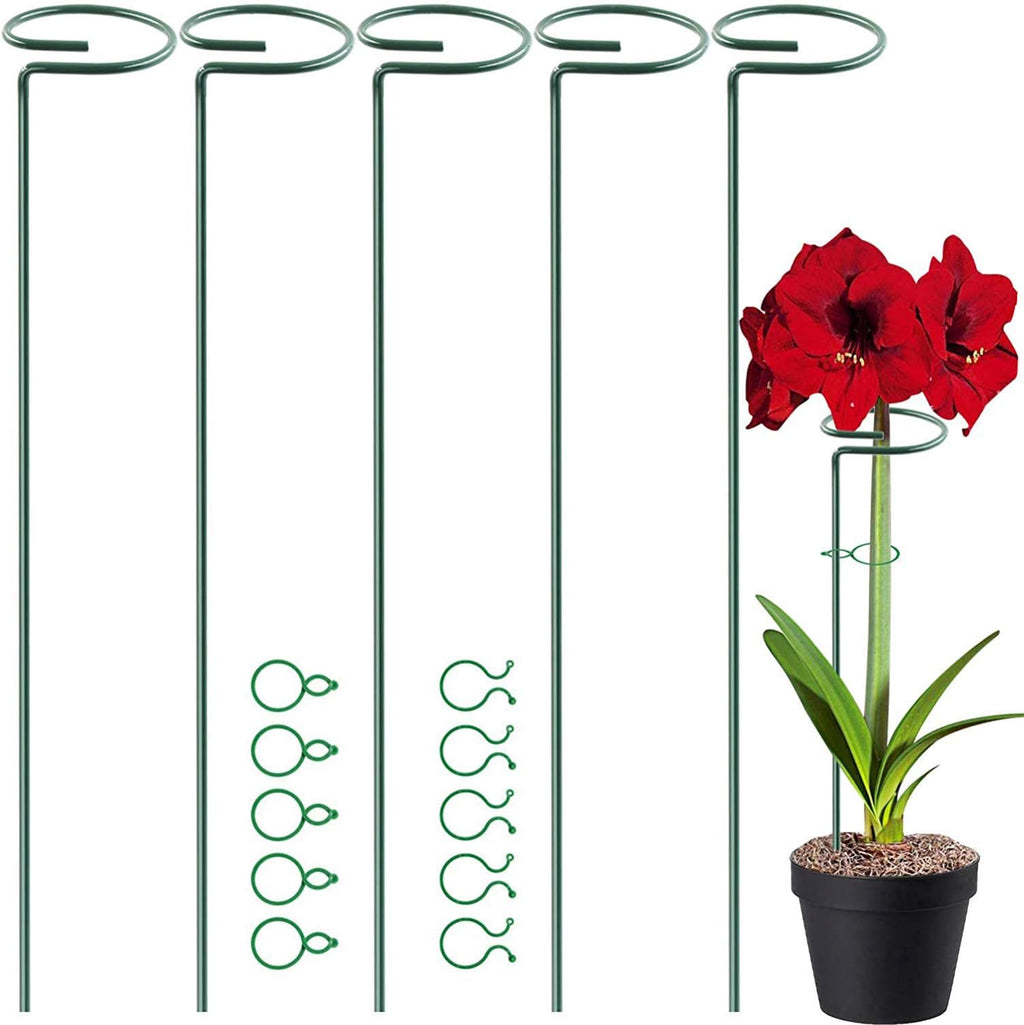 HiGift 5 Pack Plant Support Stakes, Garden Single Stem Flower Support Stick Metal Amaryllis Plant Cage Support Rings with 10pcs Plant Clips for Orchid Lily Peony Rose Stem (40 cm/16 inch Long)