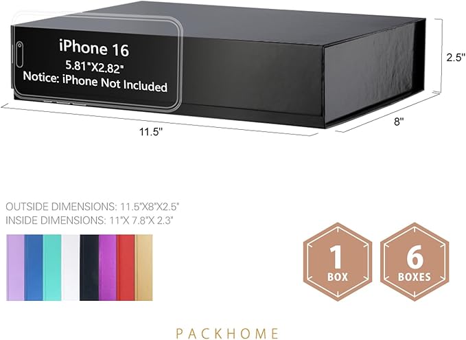 PACKHOME Gift Box 11.5x8x2.5 Inches, Sturdy Shirt Box with Magnetic Lid for Multiple Occasions (Glossy Black)