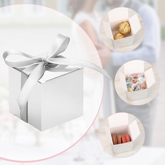 EUSOAR Small Gift Boxes with Lids, 120pcs 2x2x2 Inches Silver Party Favor Box Advent Calendar Boxes with Ribbon, Cube Candy Box Mini Muffins Bags Macaron Container for Wedding Birthday Party Supplies