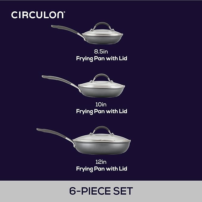 Circulon A1 Series with ScratchDefense Technology Nonstick Induction, Frying Pans/Skillets with Lids, Metal Utensil Safe, Skillet Set w/Lid (8.5", 10" & 12") - Graphite