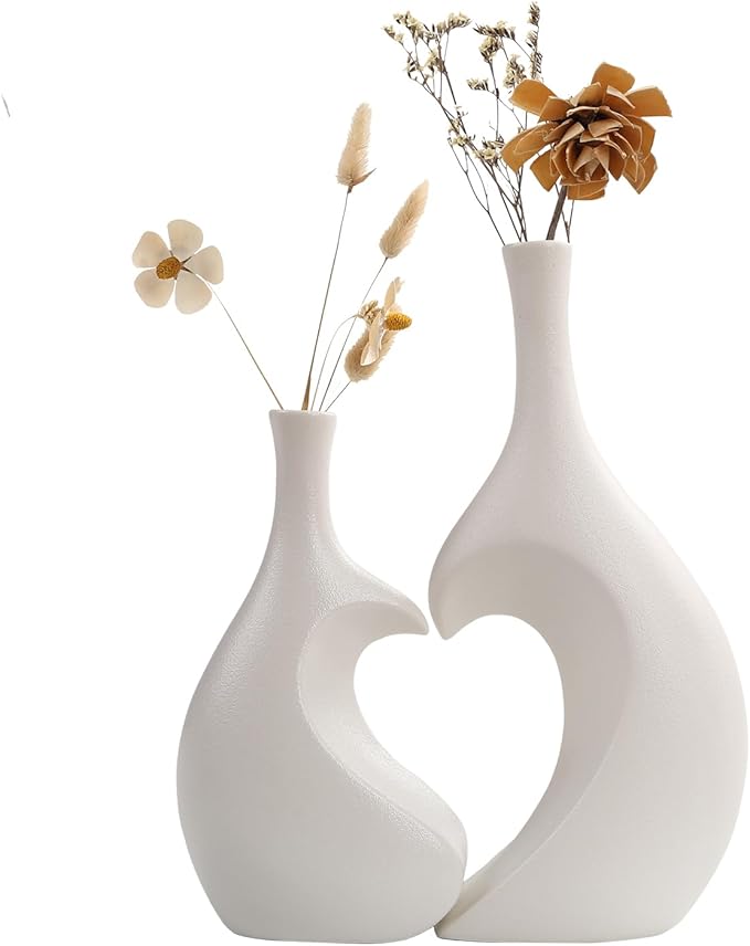 White Ceramic Vase Set of 2,Heart Shaped vase, Matte Frosted Texture Finish,Farmhouse Decor, Home Decor, Vases for Your Bedroom, Office, Living Room, Bathroom (White)