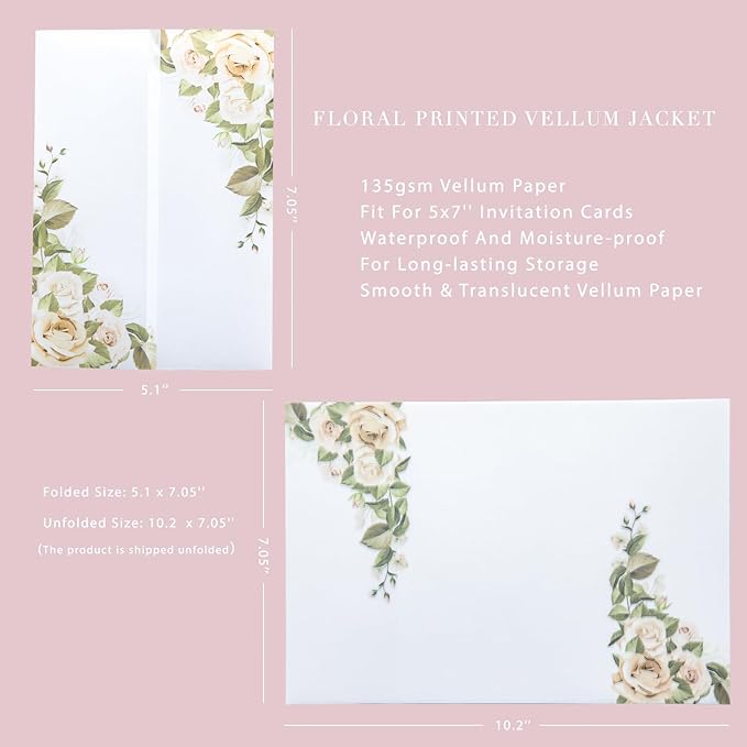 PONATIA 50PCS Vellum Jackets for 5x7 Invitation Cards- 135GSM Champagne Flowers Vellum Sleeves, VVellum Sleeves, 5x7 Clear Jackets - Wedding Invitations Wraps - Transparent Card Jackets