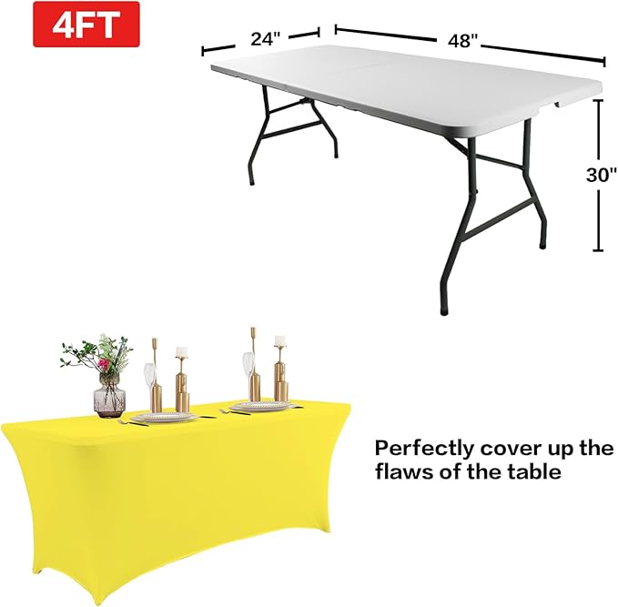 IVAPUPU 2 Pack 4FT Table Cloth for Rectangular Fitted Events Stretch Yellow Table Covers Washable Cover Spandex Tablecloth Protector for Party, Wedding, Cocktail, Banquet, Festival