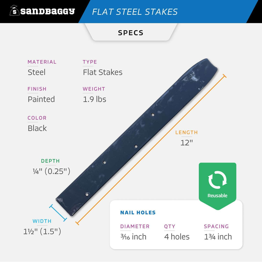 Sandbaggy Flat Steel Stakes for Concrete Forms with Nail Holes - 1.5" Wide - Painted - Removable, Reusable, V Point End - Construction Grade Stakes (200, 12 inch)