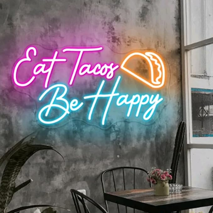 Eat Tacos Be happy Neon Sign, Custom Mexican Restaurant Decor LED Neon Light Kitchen Coffee Bar Shop Wall Taco Party Decoration Food Sign Size:20x10.5inches