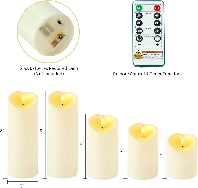 Amagic Waterproof Outdoor Flameless Candles with Remote, LED Candles Battery Operated with Timer, Flickering Fake Pillar Candle for Outside Patio Yard Decor, Ivory, Set of 5, D3 X H4 5" 6" 8" 8"