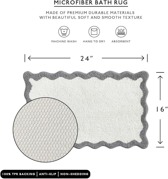 MONDAY MOOSE Bath Mat with Scalloped Wavy Ripple Design, Microfiber Absorbent Non Slip Tufted Rug for Floor, Shower or Kitchen (16x24 inch, Gray)