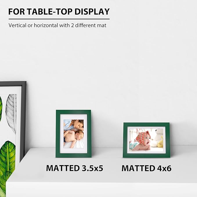 KINLINK 5x7 Picture Frames Green Wood Frames with Acrylic Plexiglass for 3.5x5/4x6 with Mat or 5x7 without Mat, Tabletop and Wall Mounting Display, Set of 4