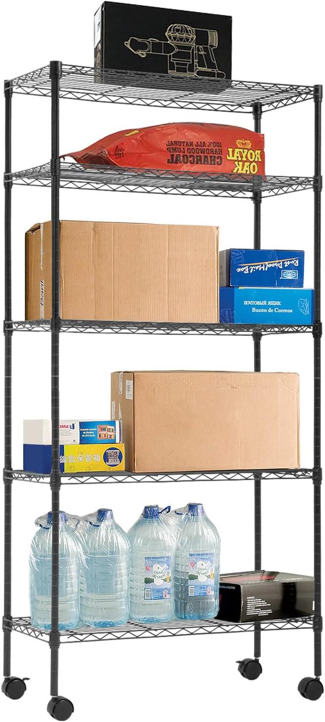 5 Tier Shelving Unit Heavy Duty Wire Shelving Unit Easy Installation Metal Shelving Unit 14"D x 30"W x 60"H Metal Storage Shelves with Wheels Wire Shelving Rack for Garage Home Kitchen, Black