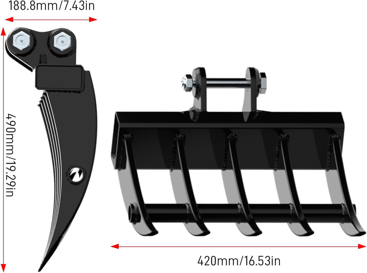 Mini Excavator Attachment Rake, Metal Wide Backhoe Rake Fit for 0.8T-1.5T Mini Excavators - Upgraded High-Thickness Steel‌ - Replace Hydraulic Tilt Excavator Attachment