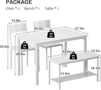 soges 4 Person Dining Table Set,43.3 inch Kitchen Table Set for 4,2 Chairs with Backrest,2-Person Bench with Storage, White Rack,Nesting Furniture Set for Dining Room and Restaurant, White