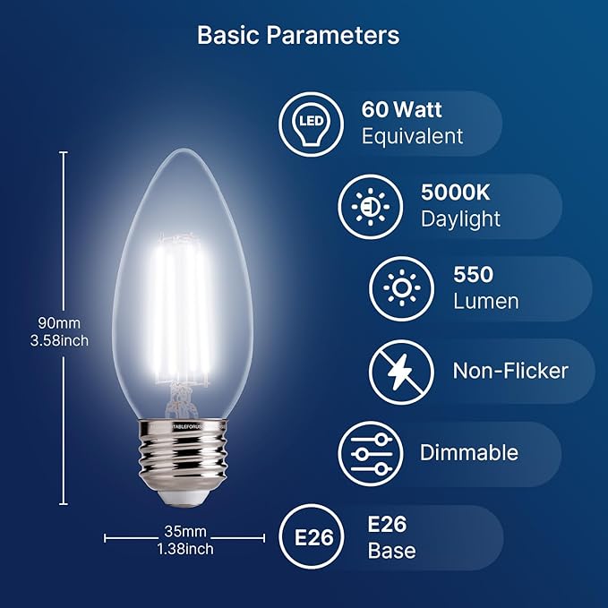 FLSNT B11 E26 LED Chandelier Light Bulbs, 60W Equivalent, 5000K Daylight Dimmable LED Candelabra Bulbs, 550LM, 24 Pack UL,CA65 Listed.