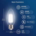 FLSNT Dimmable LED Candelabra Bulbs, 60W Equivalent LED Chandelier Light Bulbs, 5000K Daylight, E26 Base, 550LM, 6 Pack UL,CA65 Listed.