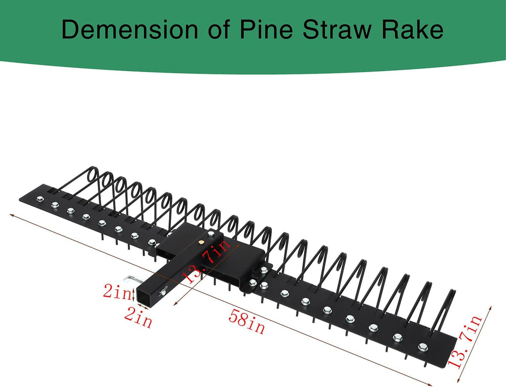 5FT Durable Pine Straw Rake Steel Spring Landscape Rake Fits 2" Receiver for Lawn Tractors or ATV/UTV，Black