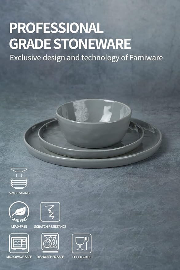 Famiware Mars Plates and Bowls Set, 12 Pieces Dinnerware Sets, Dishes Set for 4, Dark Gray