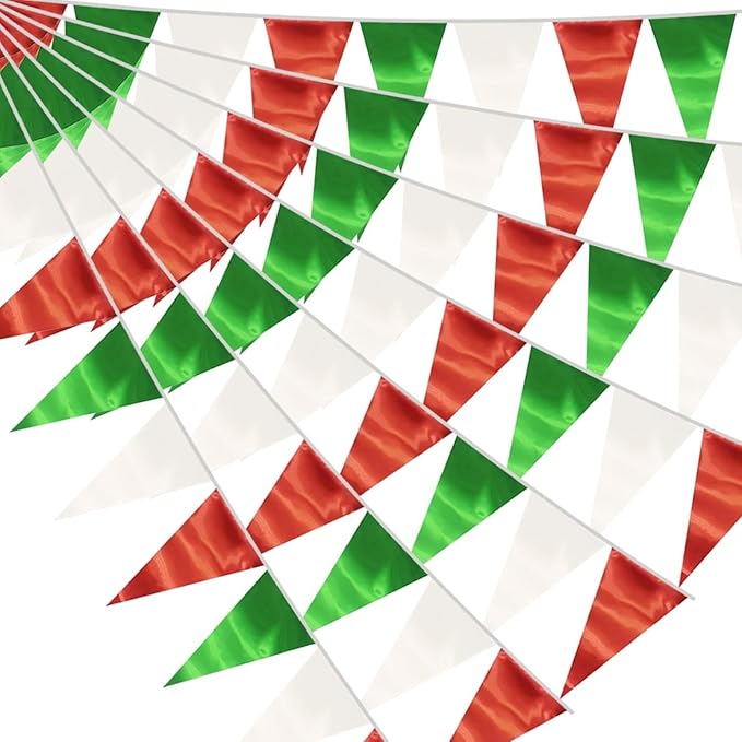 40M/130FT White Green Red Triangle Pennant Banner Flag Metallic Fabric Bunting Garland for Christmas Italy Mexican Birthday Baby Shower Wedding Banners,New Years Winter Decor Ouruola