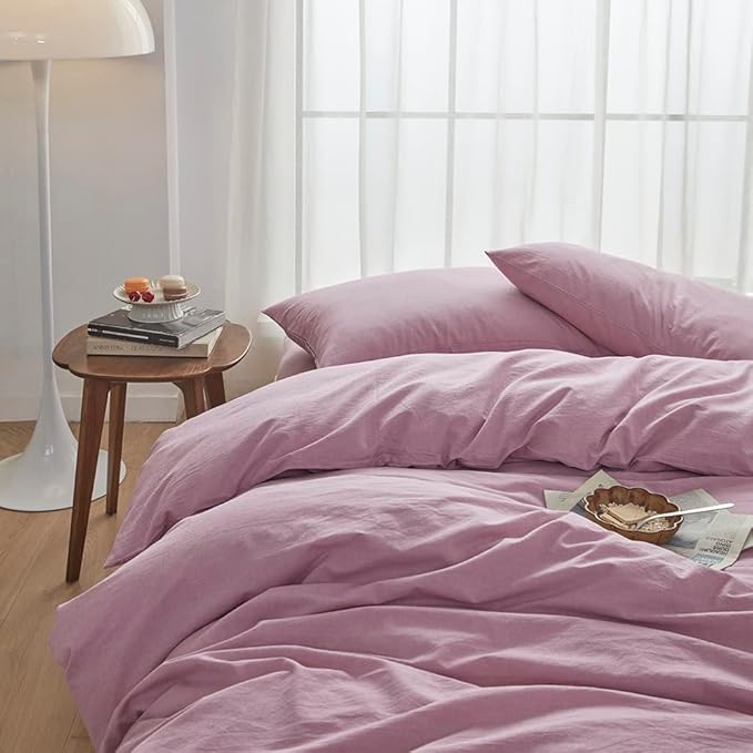 FACE TWO FACE Bedding Duvet Cover Set 3 Pieces 100% Washed Cotton Duvet Cover Linen Like Textured Breathable Durable Soft Comfy (King, Pink Purple.)