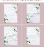 PONATIA 50 PCS Vellum Jackets for 5x7 Invitations- 135gsm White Floral Printed Vellum Sleeves, Quinceanera Wedding Invitation Cards Wraps, Green Flower Transparent Jacket