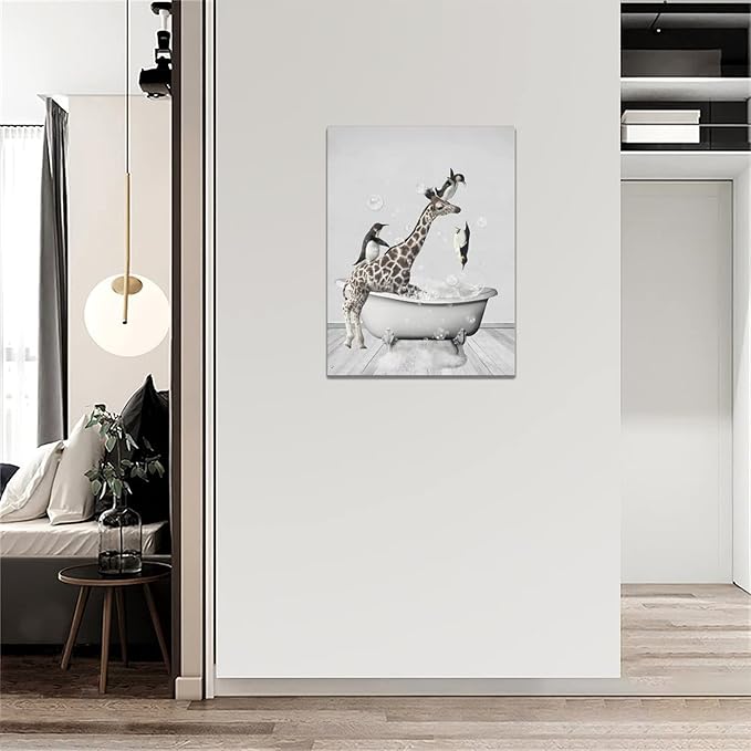 Funny Giraffe And Penguin Bathroom Wall Art - Kids Bathroom Wall Decor Animals In Bathtub Canvas Prints Artwork Paintings - Framed