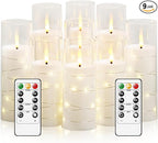 Flameless LED Candles with Timer 9 Pc Flickering Flameless Candles for Romantic Ambiance and Home Decoration Stable Acrylic Shell,with Embedded Star String，Battery Operated Candles（White）