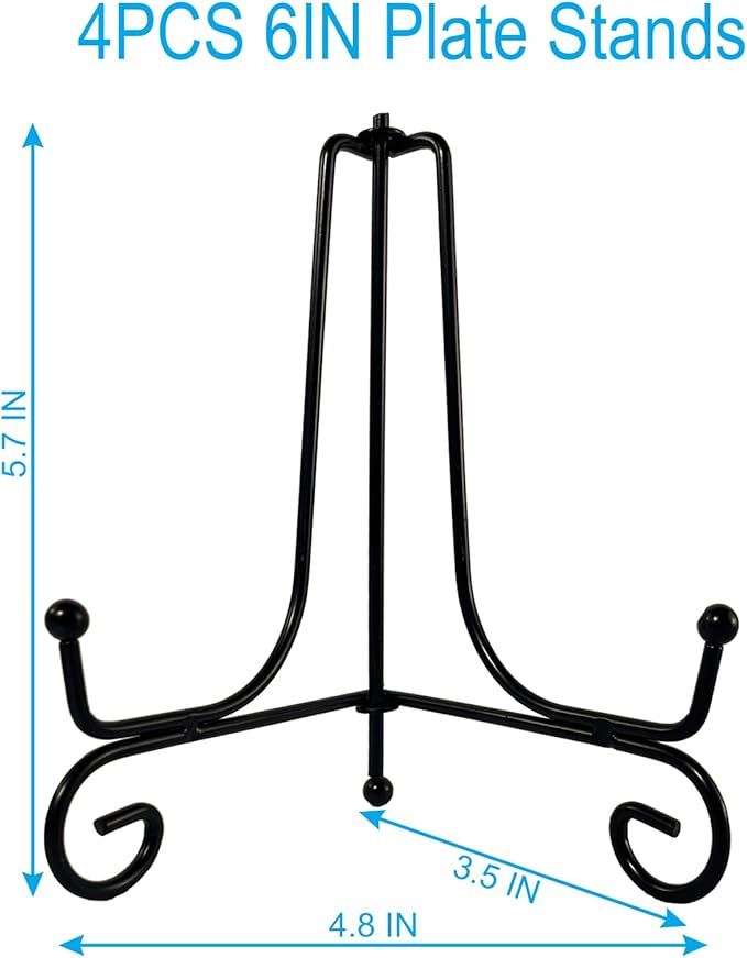 4PCS Premium Black Iron Plate Stands for Display 6 Inch, Decorative Solid Metal Plate Holders for Displaying, Mini Easel, Frame, Book, Card, Plaque, Bowl, Picture Stands for Display
