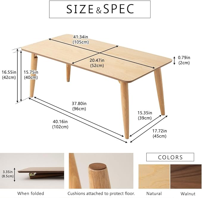 EMOOR Wood Folding Coffee Table Rectangle Large (20.5"x41.3") Natural, Floor Sitting Low Table Small Space Minimalist Japanese Tatami Room