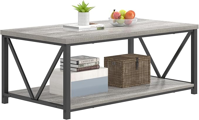 FOLUBAN Modern Coffee Table, Rustic Wood and Metal Center Table with Storage Shelf, Industrial Cocktail Table for Living Room, Light Grey, 39 Inch