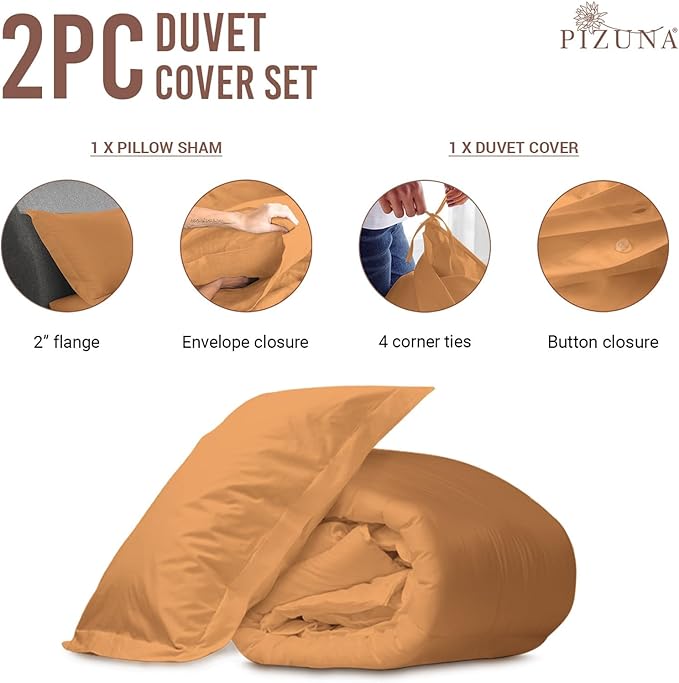 Pizuna Pure 100% Cotton Twin Duvet Cover Set, Luxurious 400 Thread Count Long Staple Cotton Sateen Weave with Button Closure (Combed Apricot Orange Cotton Duvet Cover Twin)