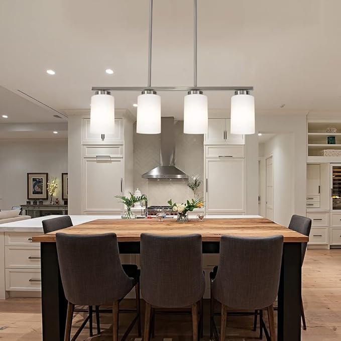 Brushed Nickel Kitchen Island Light, Farmhouse Pendant Light Fixtures with Opal White Glass Shades Modern Linear Ceiling Hanging Light for Living Room