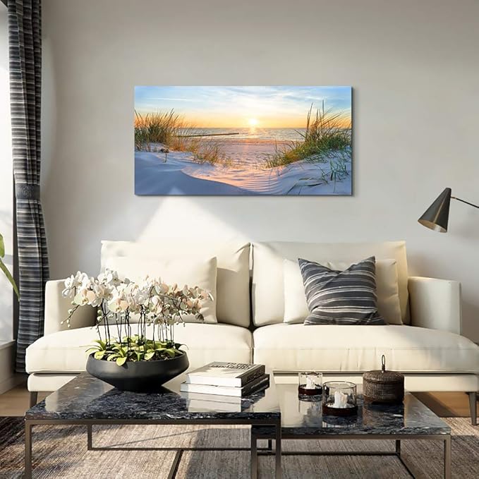 Canvas Wall Art For Living Room Super Large Size Wall Decor For Office Canvas Art Framed Pictures Artwork Blue Sun Beach Grass Ocean Landscape Paintings Bedroom Decor Seascape Draw Home Decorations