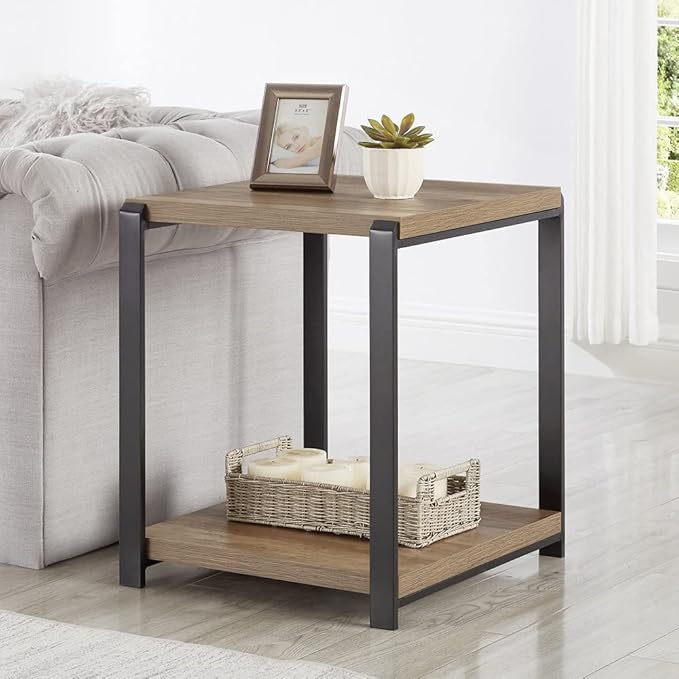 FOLUBAN Industrial End Table, Square Side Table with Storage Shelf for Living Room, Wood and Metal Nightstand, Oak