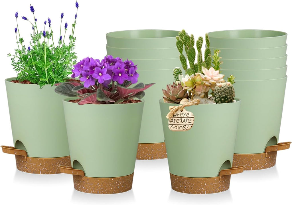 12 Pack 4 Inch Self Watering Plant Pots with Drainage and Saucers，Plastic Flower Pots for Indoor and Outdoor Plants, Nursery Planters for Houseplants and Herbs Green Brown, 4 inch 12pcs
